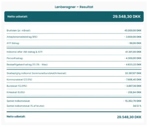 Resultat af beregning af en bruttoløn på 40.000 DKK til nettoløn