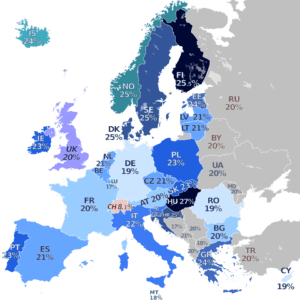Kort over Europa, der viser de forskellige standardsatser for moms (VAT) i hvert land.