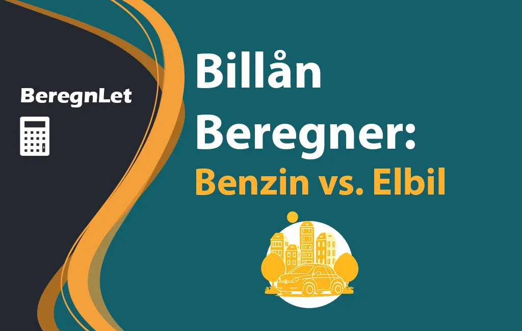 BeregnLet logo med teksten "Billån Beregner: Benzin vs. Elbil" og en illustration af en bil foran bygninger.
