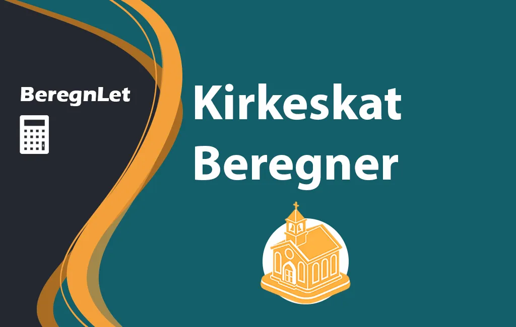 Logotipo de BeregnLet con el texto "Kirkeskat Beregner" y una ilustración amarilla de una iglesia.