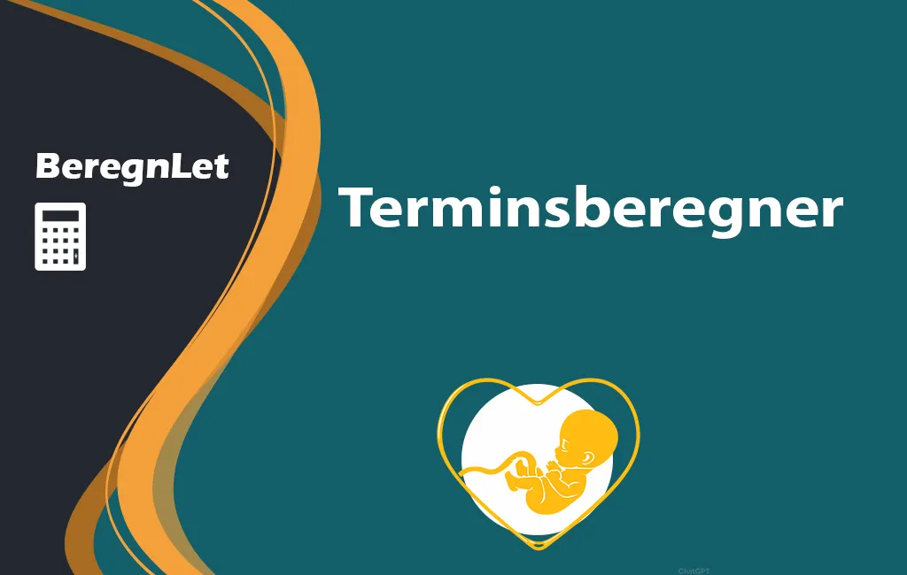 BeregnLet logo med teksten "Terminsberegner" og en gul illustration af et foster i et hjerte.