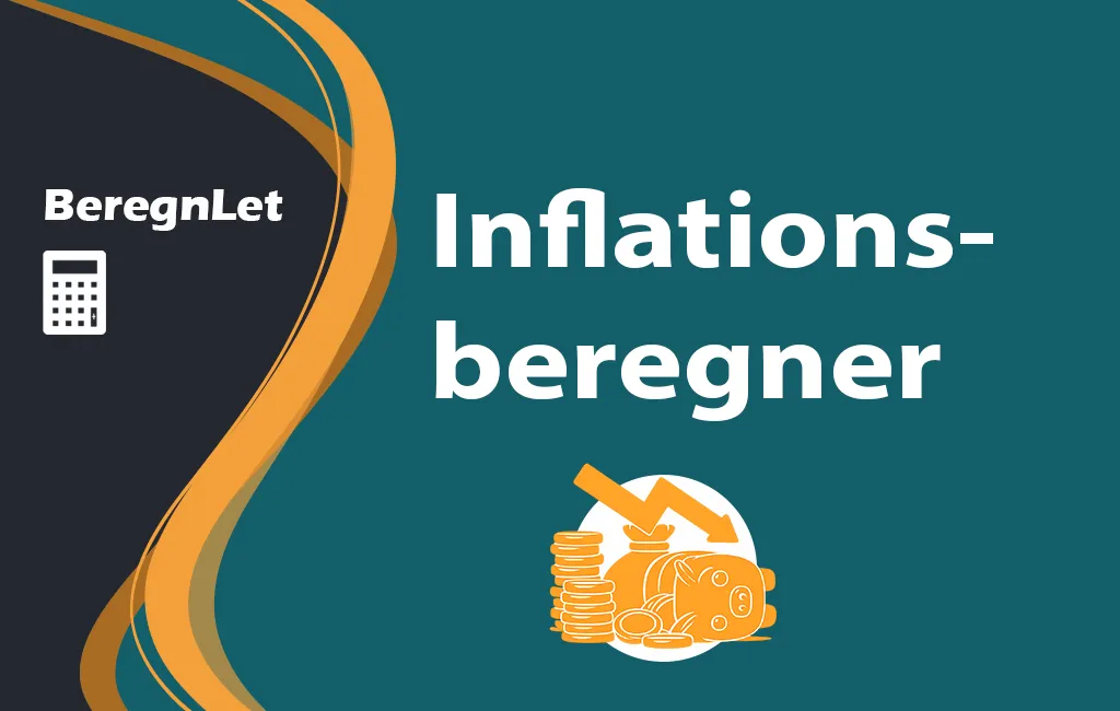 BeregnLet logo med teksten "Inflationsberegner" og en gul illustration af en væltet sparegris med en pil nedad og mønter.