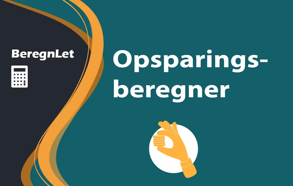 BeregnLet logo med teksten "Opsparingsberegner" og en gul illustration af en hånd, der holder en stabel mønter.