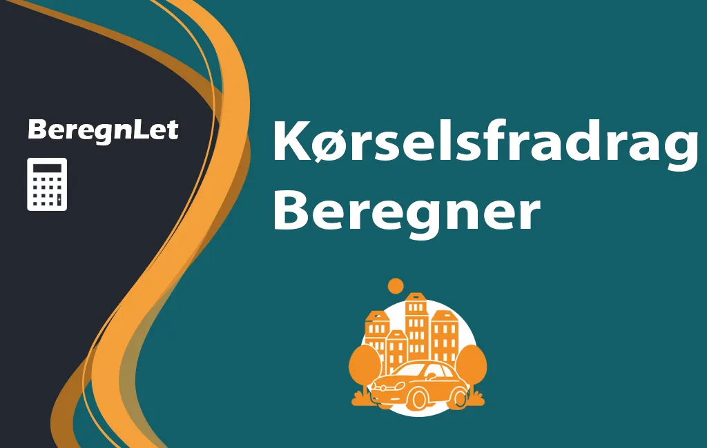 BeregnLet logo med teksten "Kørselsfradrag Beregner" og en gul illustration af en bil foran bybygninger og træer.